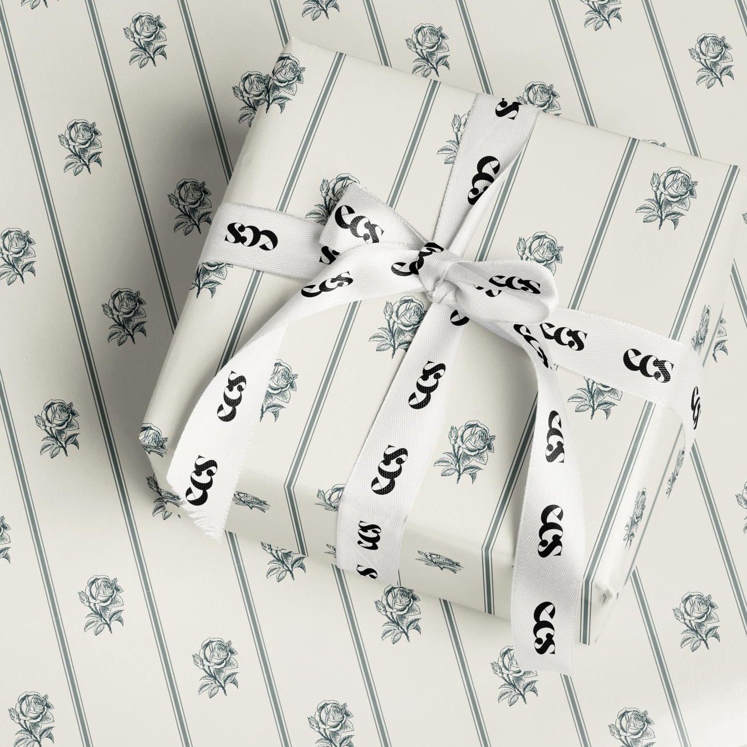 Vintage Sage Blue Rose Wrapping Paper, Gloss or Matte Finish Elegant Luxury Floral Gift Wrap