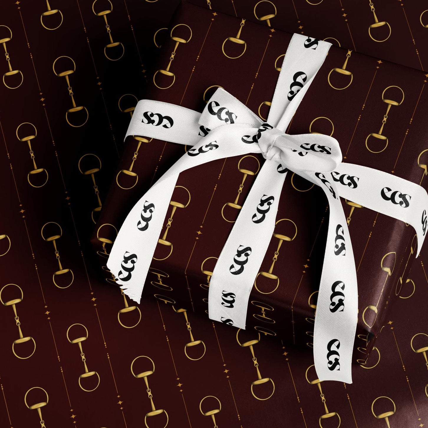 Brown & Gold Equestrian Snaffle Wrapping Paper, Gloss or Matte Finish Elegant Luxury Gift Wrap