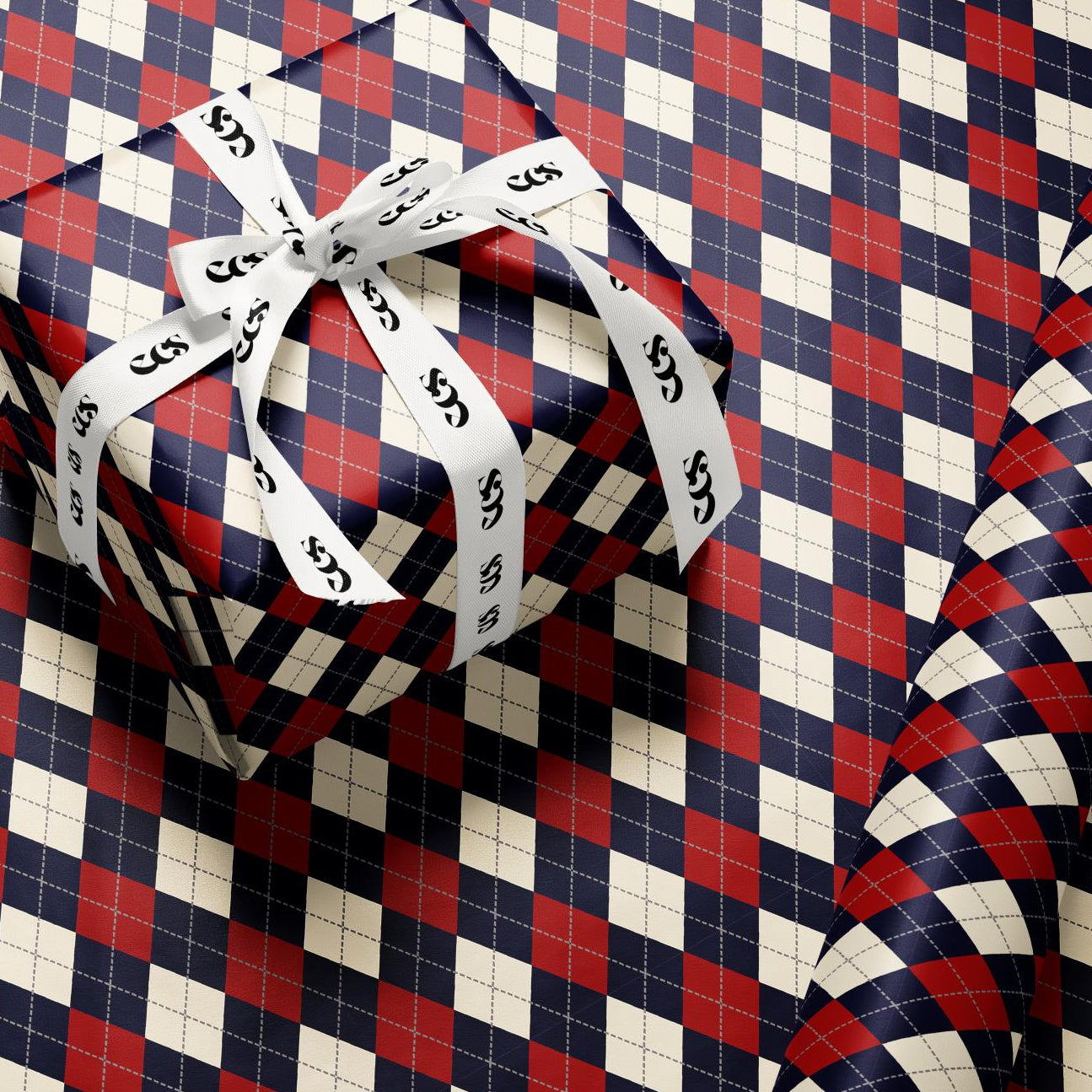 Luxury Argyle Wrapping Paper, Elegant Red, Navy and Cream Plaid Gift Wrap, Classic Christmas and Year-Round Packaging