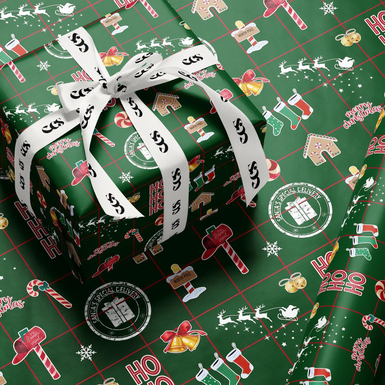 Green Christmas icon wrapping paper — Evara Creative Studio