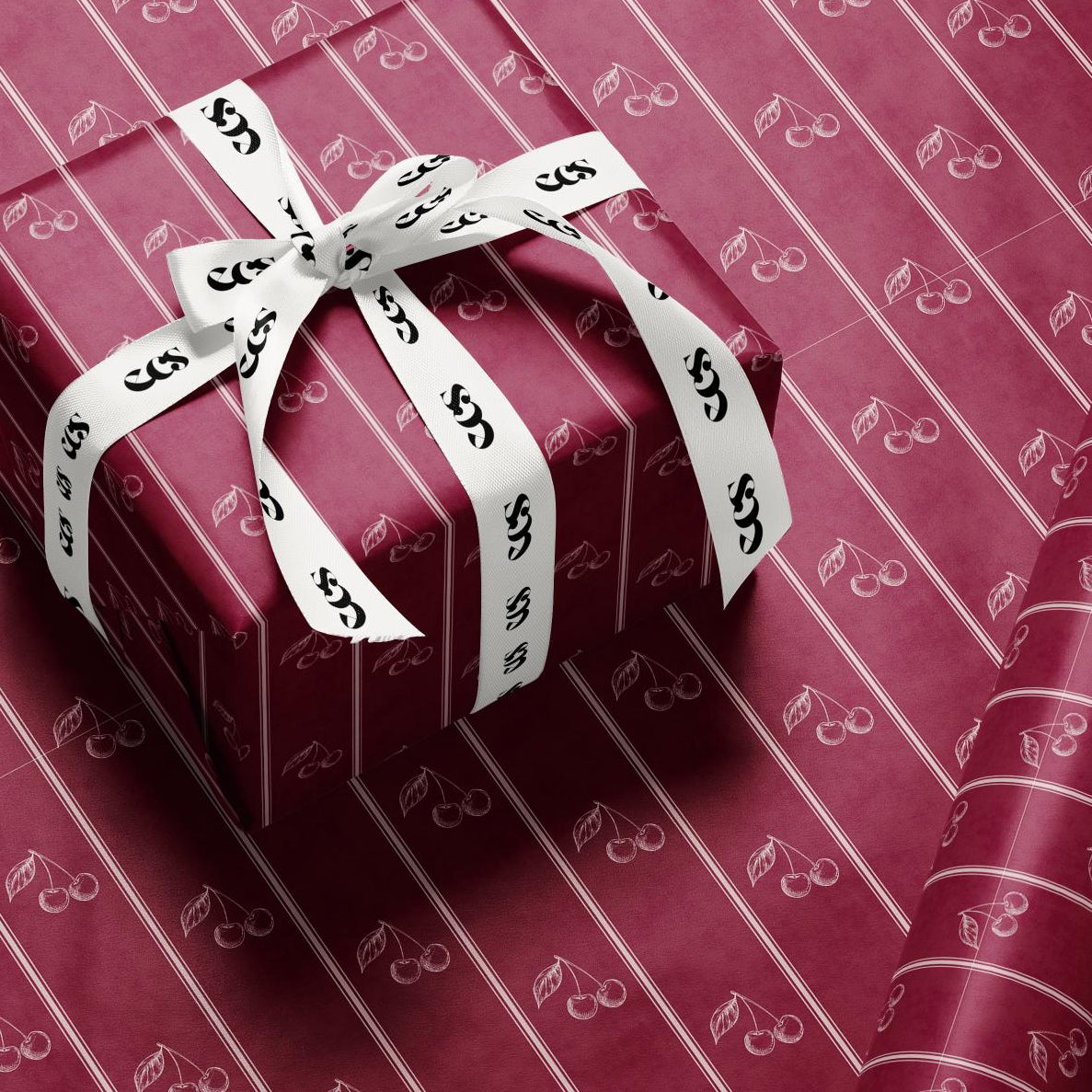 Cherry Gift Wrapping Paper | Burgundy Elegant Gift Wrap with Minimalist Cherry Stripe Pattern | Luxury Holiday & Birthday Wrap