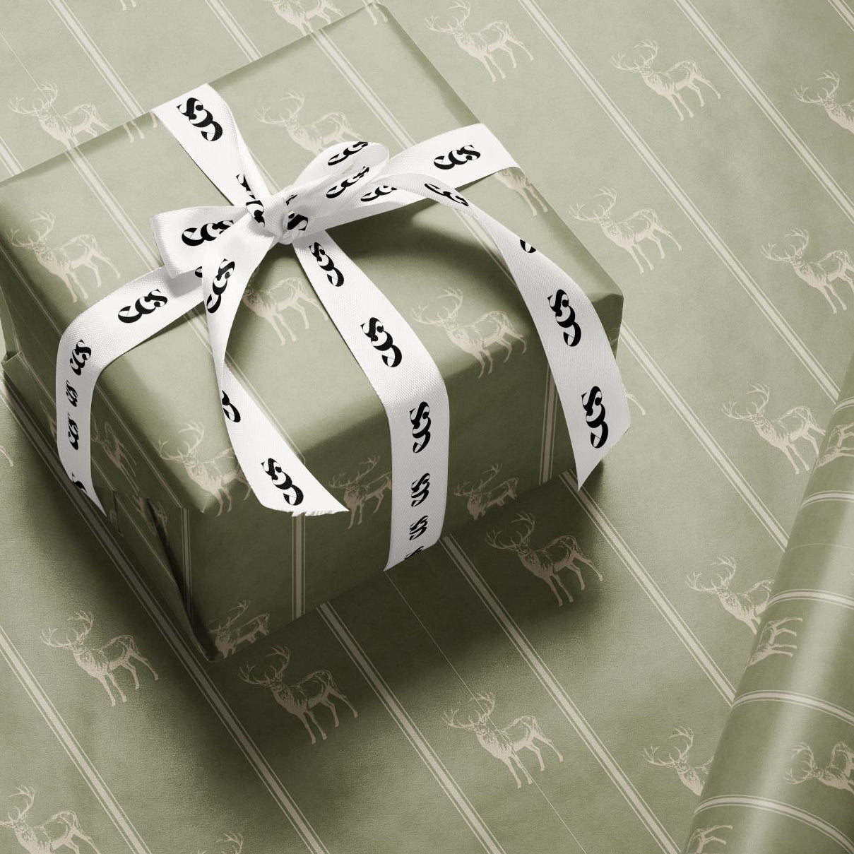 Sage Green Raindeer Wrapping Paper, Gloss or Matte Finish Elegant Luxury Christmas Gift Wrap