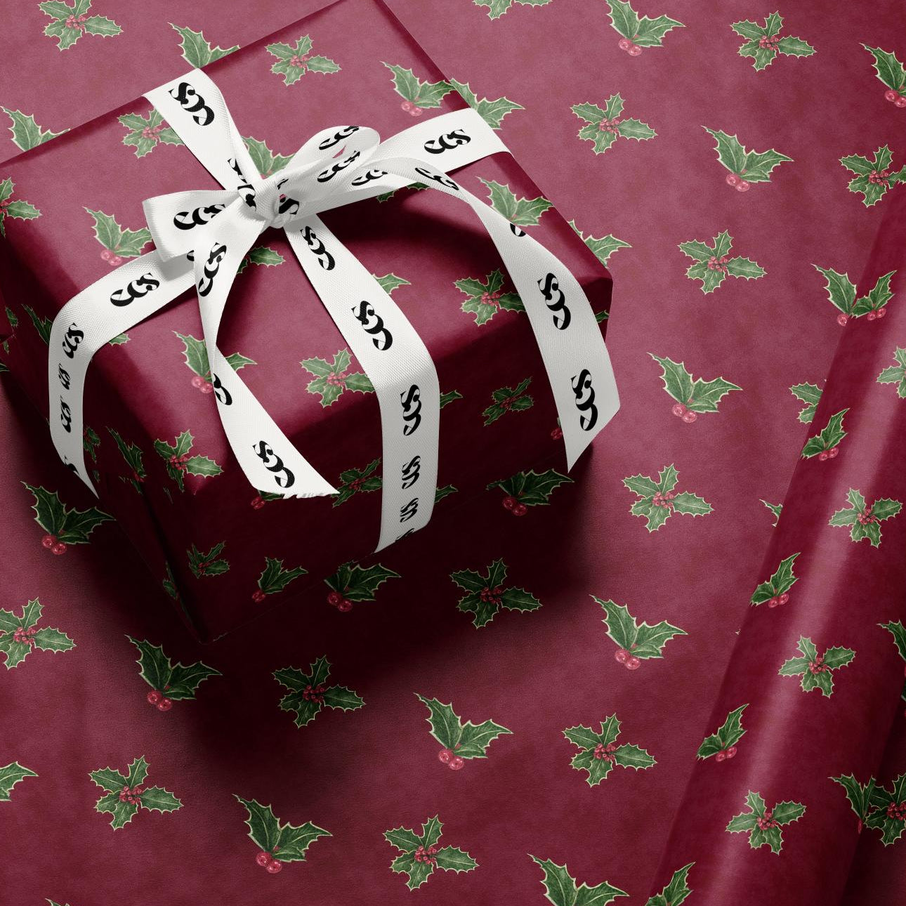 Luxury Holly Wrapping Paper | Elegant Burgundy Christmas Gift Wrap Sheets with Green Leaves & Red Berries