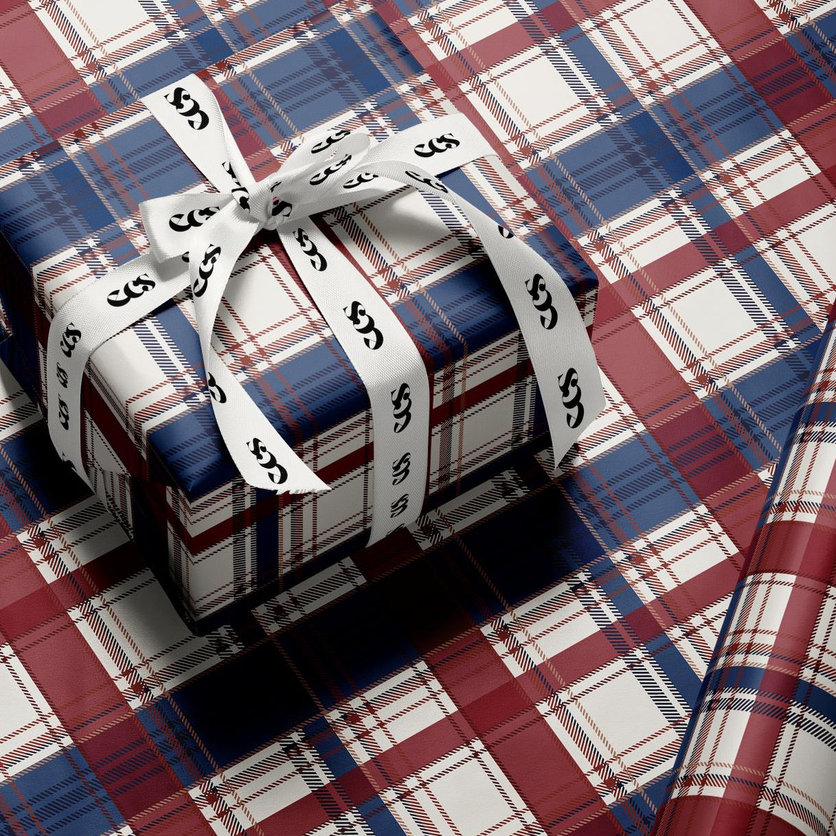 Red and navy tartan plaid Christmas wrapping paper — Evara Creative Studio