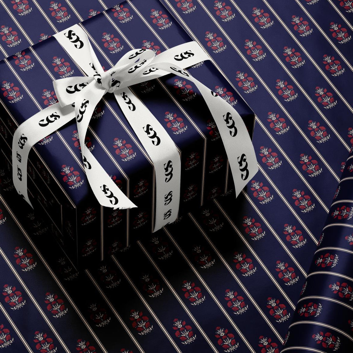 Navy Floral Wrapping Paper | Red Flowers & Pinstripe Gift Wrap