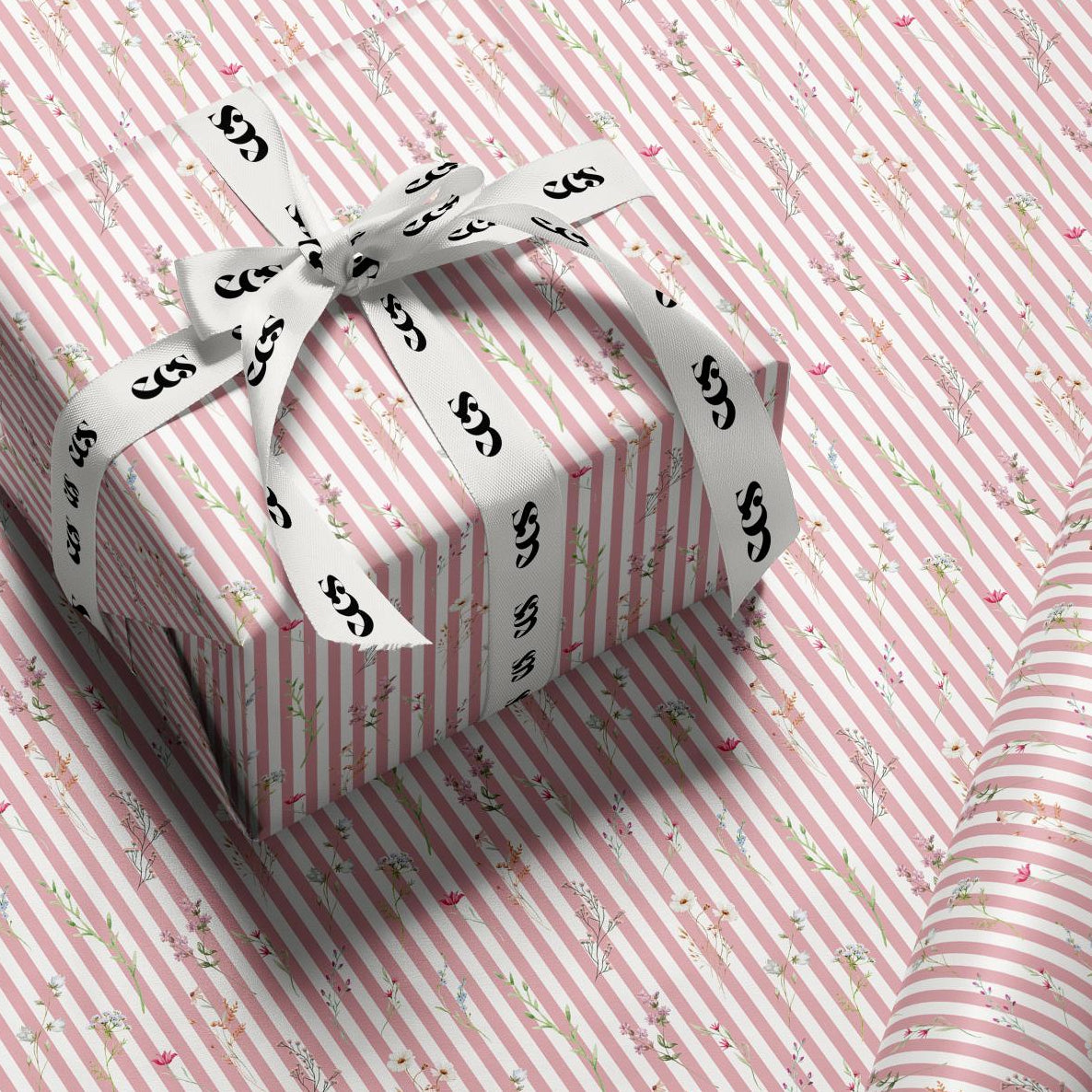 Pink Striped Floral Wrapping Paper | Valentine & Wedding Gift Wrap