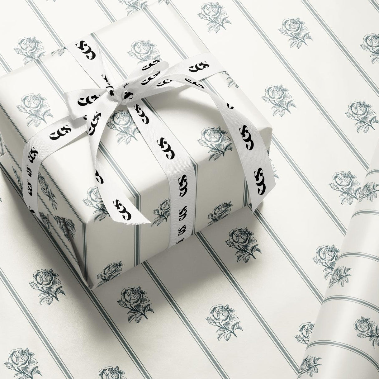 Vintage Sage Blue Rose Wrapping Paper, Gloss or Matte Finish Elegant Luxury Floral Gift Wrap