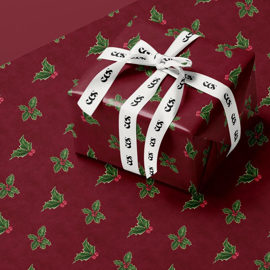 Luxury Holly Wrapping Paper | Elegant Burgundy Christmas Gift Wrap Sheets with Green Leaves & Red Berries