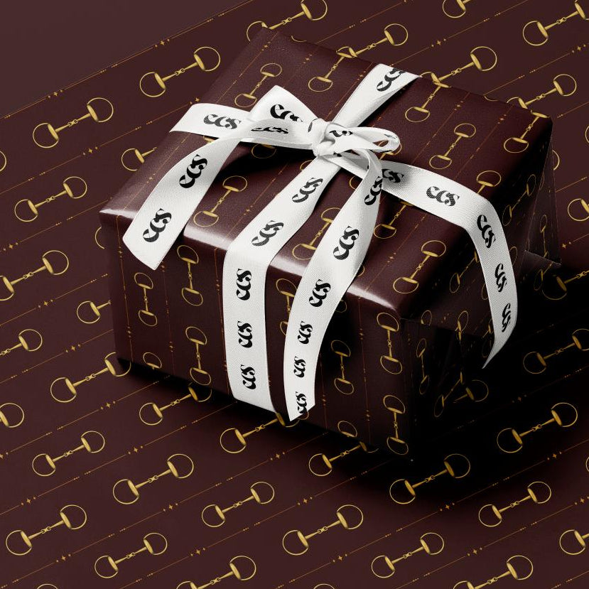 Brown & Gold Equestrian Snaffle Wrapping Paper, Gloss or Matte Finish Elegant Luxury Gift Wrap